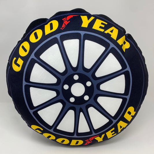 Goodyear Racing Wheel Plush Throw Pillow – Gloss Black Motorsport Edition